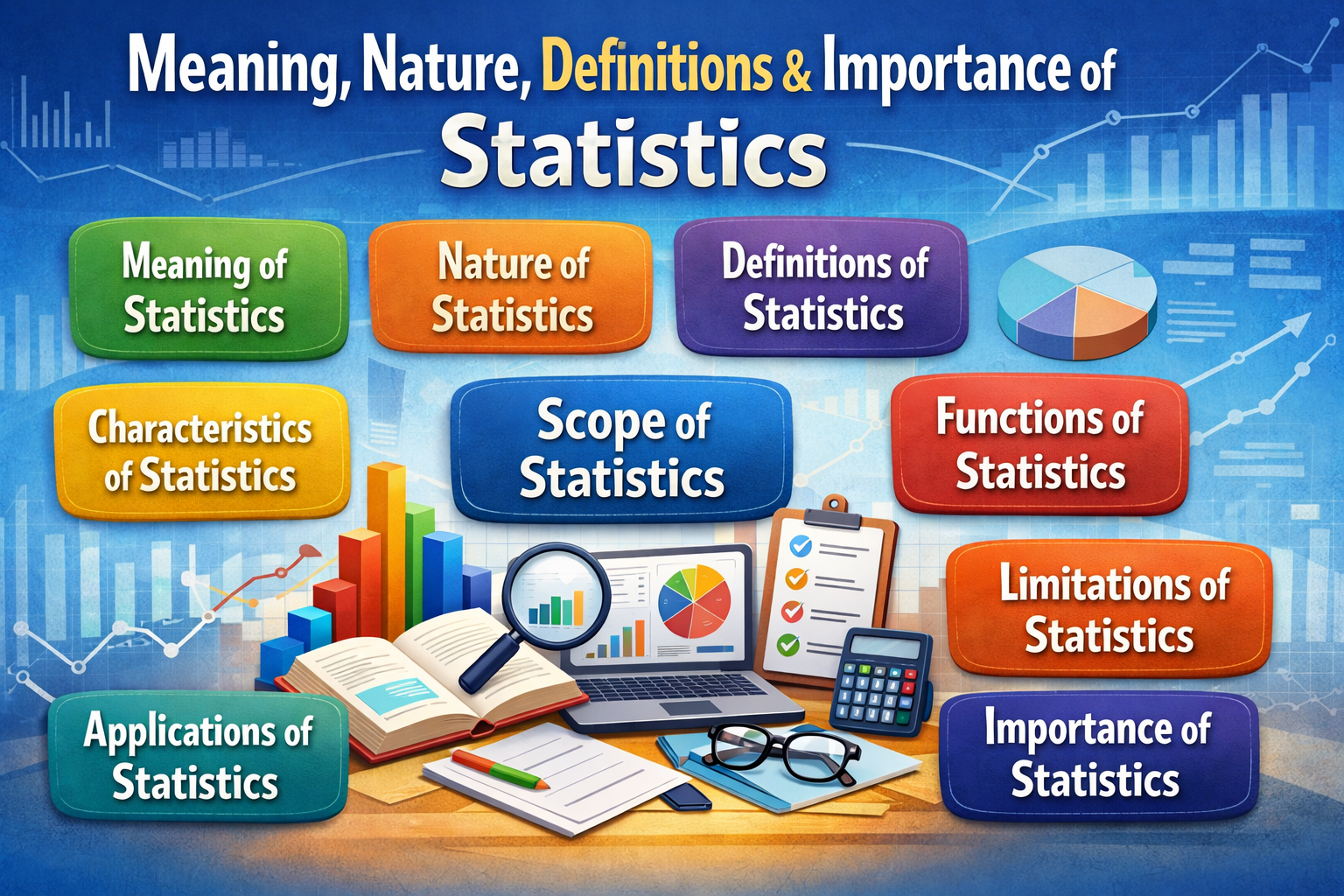 Meaning of statistics, nature of statistics, Definitions of statistics, Characteristics of statistics, scope of statistics, functions of statistics, applications of statistics, limitations of statistics, Importance of Statistics